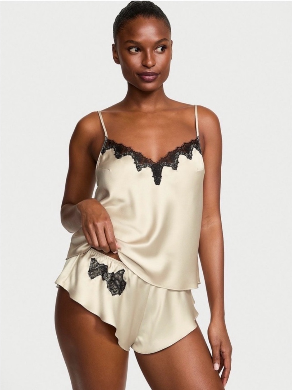 Victoria's Secret Cream Satin Cami & Short Sleep Set with Black Lace